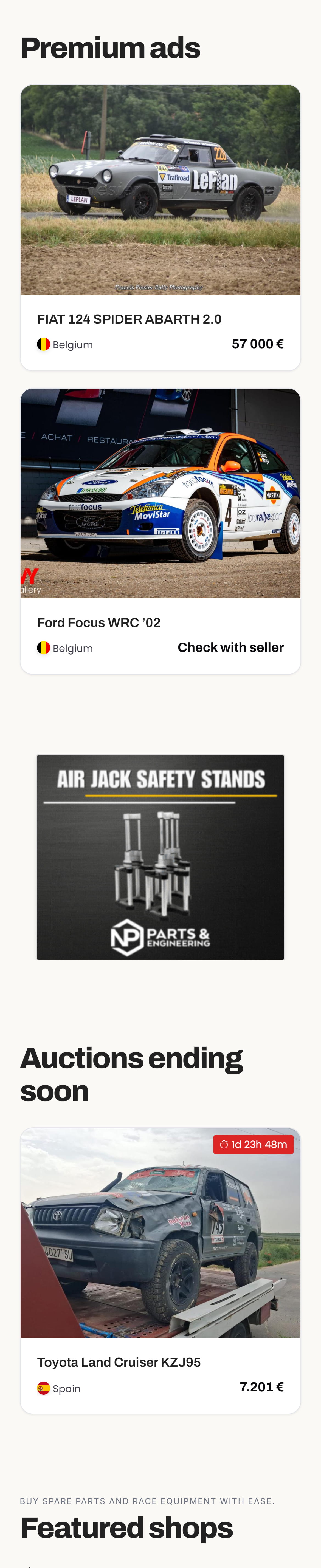 Racemarket mobile homepage mockup