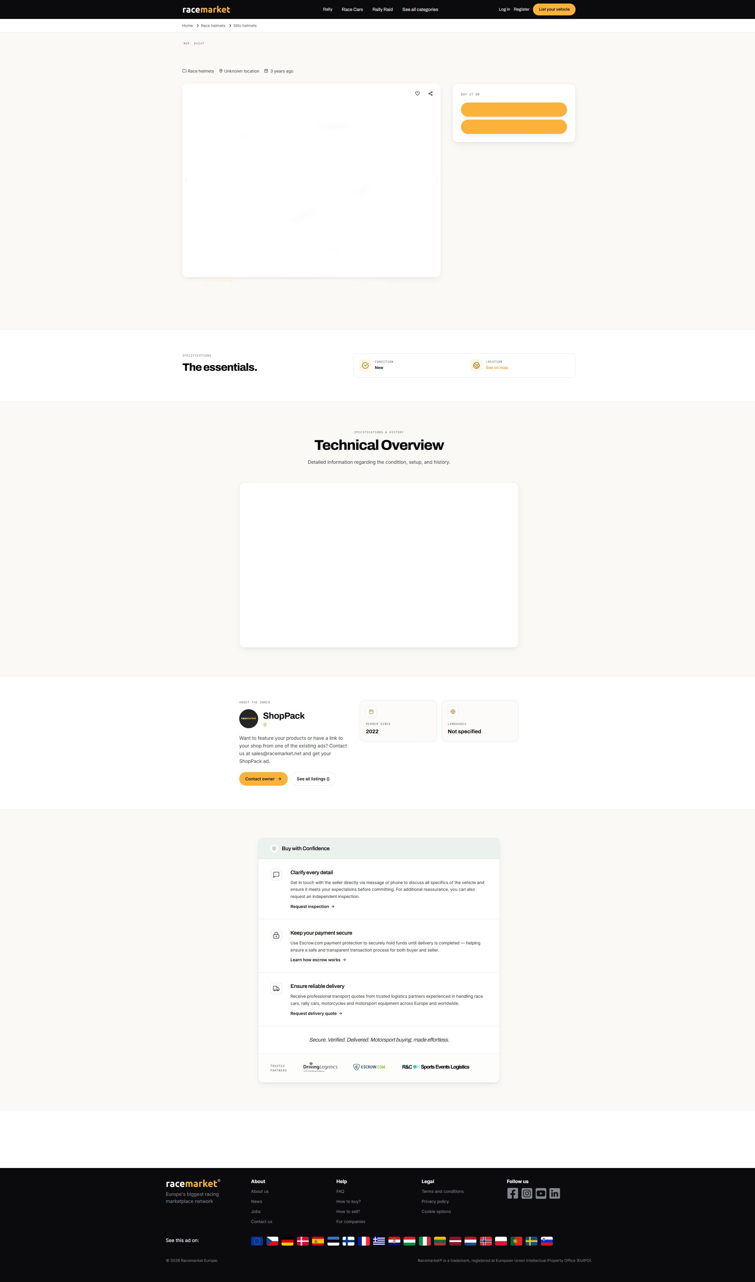 Racemarket product page mockup with ShopPack seller slot