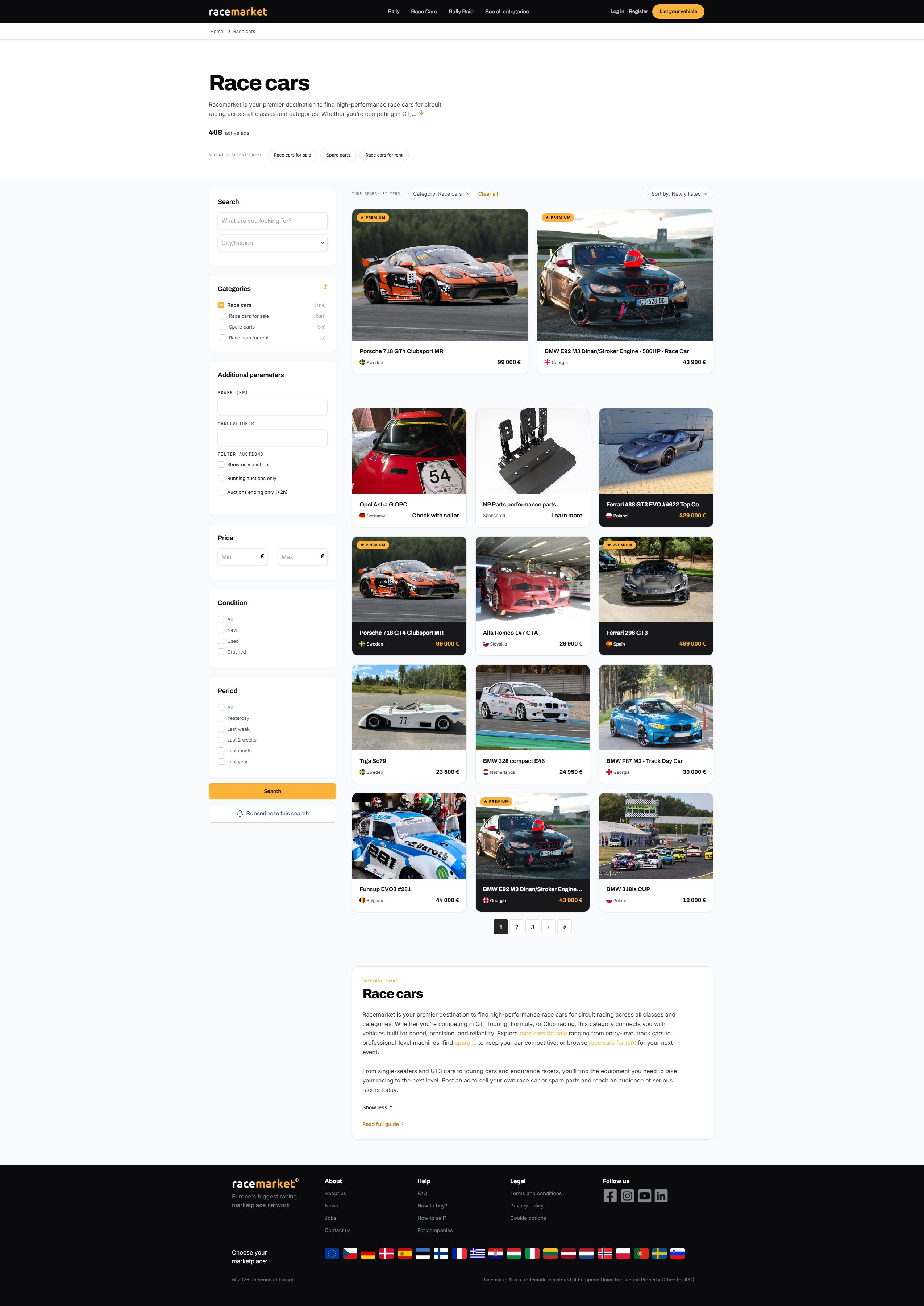 Racemarket search results mockup with sponsored listing slot
