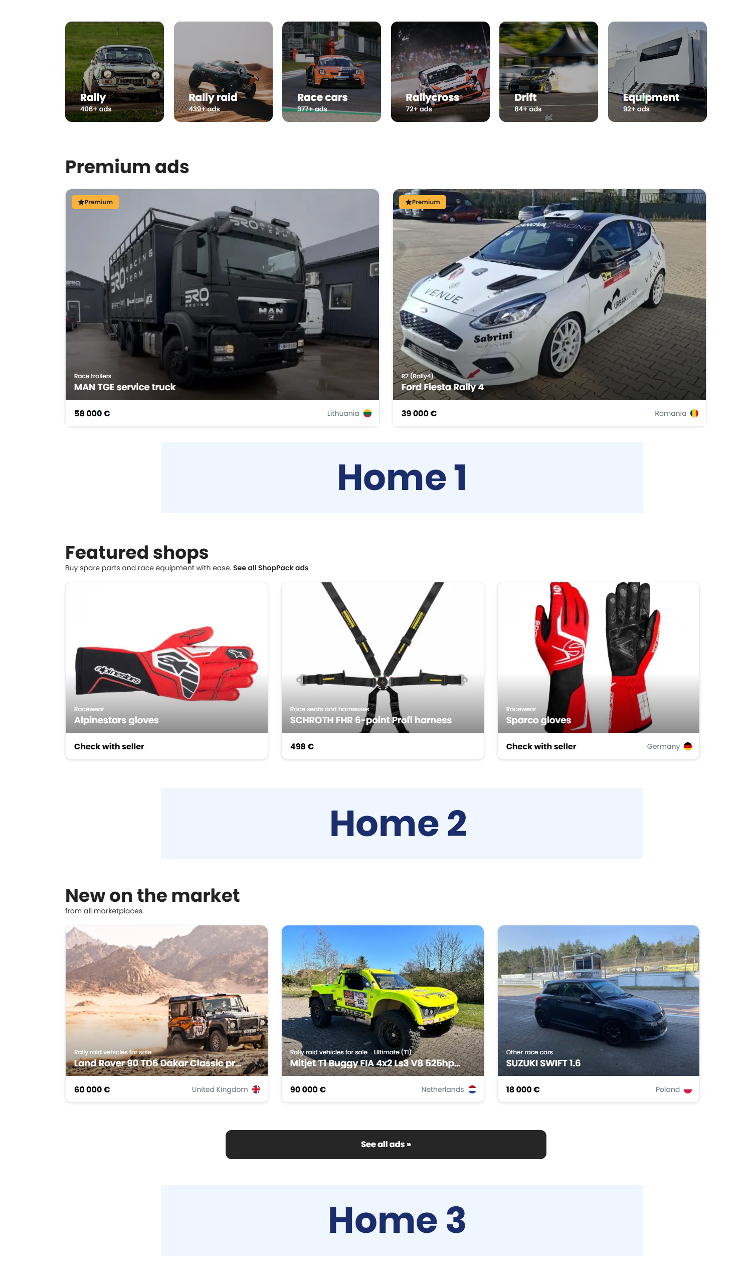 Racemarket homepage showing three banner ad placement positions