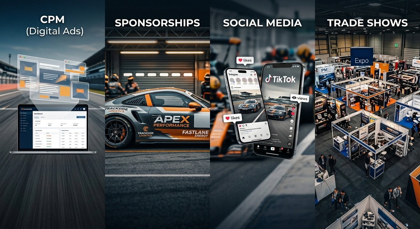 Motorsport advertising costs: CPM, sponsorships, social media & trade shows compared